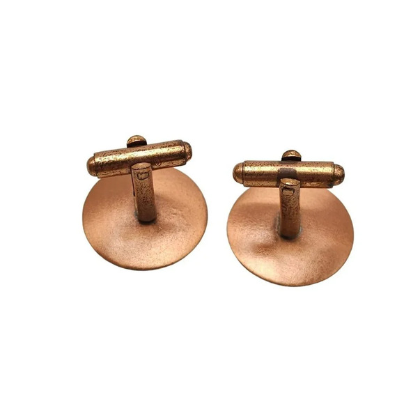 Blue Enamel Modernist Copper Round Cufflinks Vintage - Picture 3 of 4